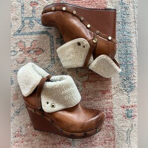 OTBT Arvin Wedge Shearling Brown Leather Ankle Boot Size 8.5